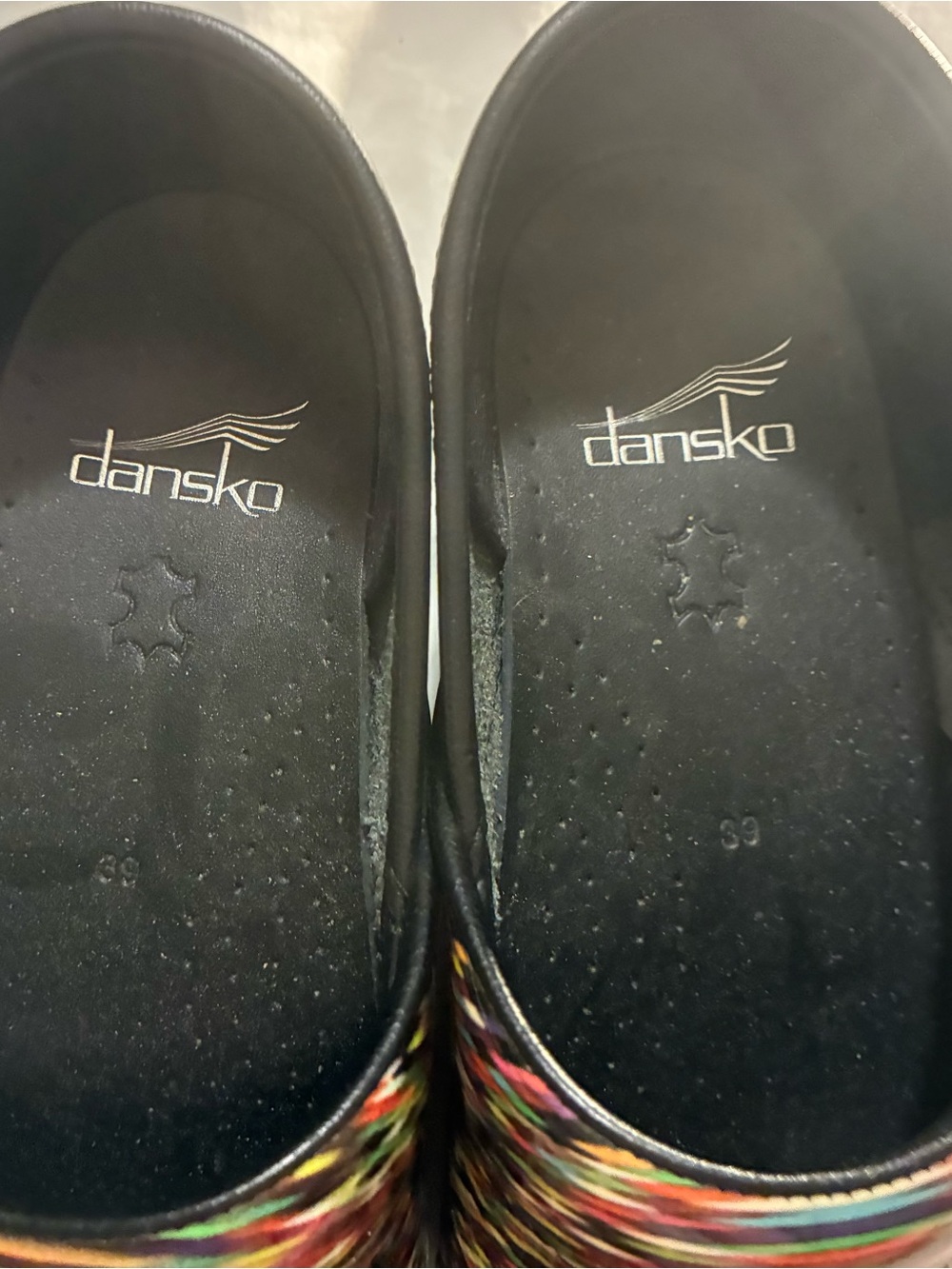 Dansko Multicolor Patent Slip-On Clogs with Rainbow Stripes - Picture 5 of 5